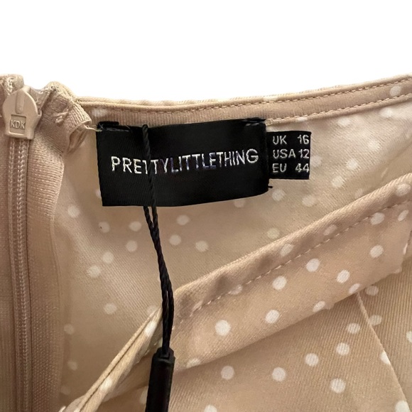 NWT PrettyLittlething Stone Polka Dot Binding Detail Ruched Hem Bodycon Dress - Picture 4 of 7